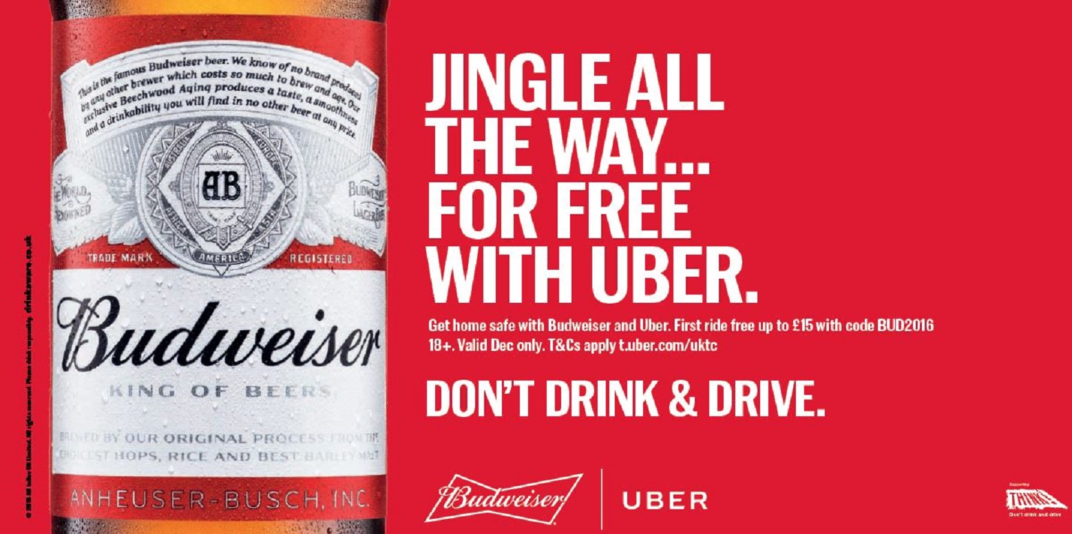 In its biggest ever UK responsible drinking campaign, Budweiser has launched a partnership with Uber to offer free rides to all its new users throughout December – helping people plan ahead for their Christmas journeys home.