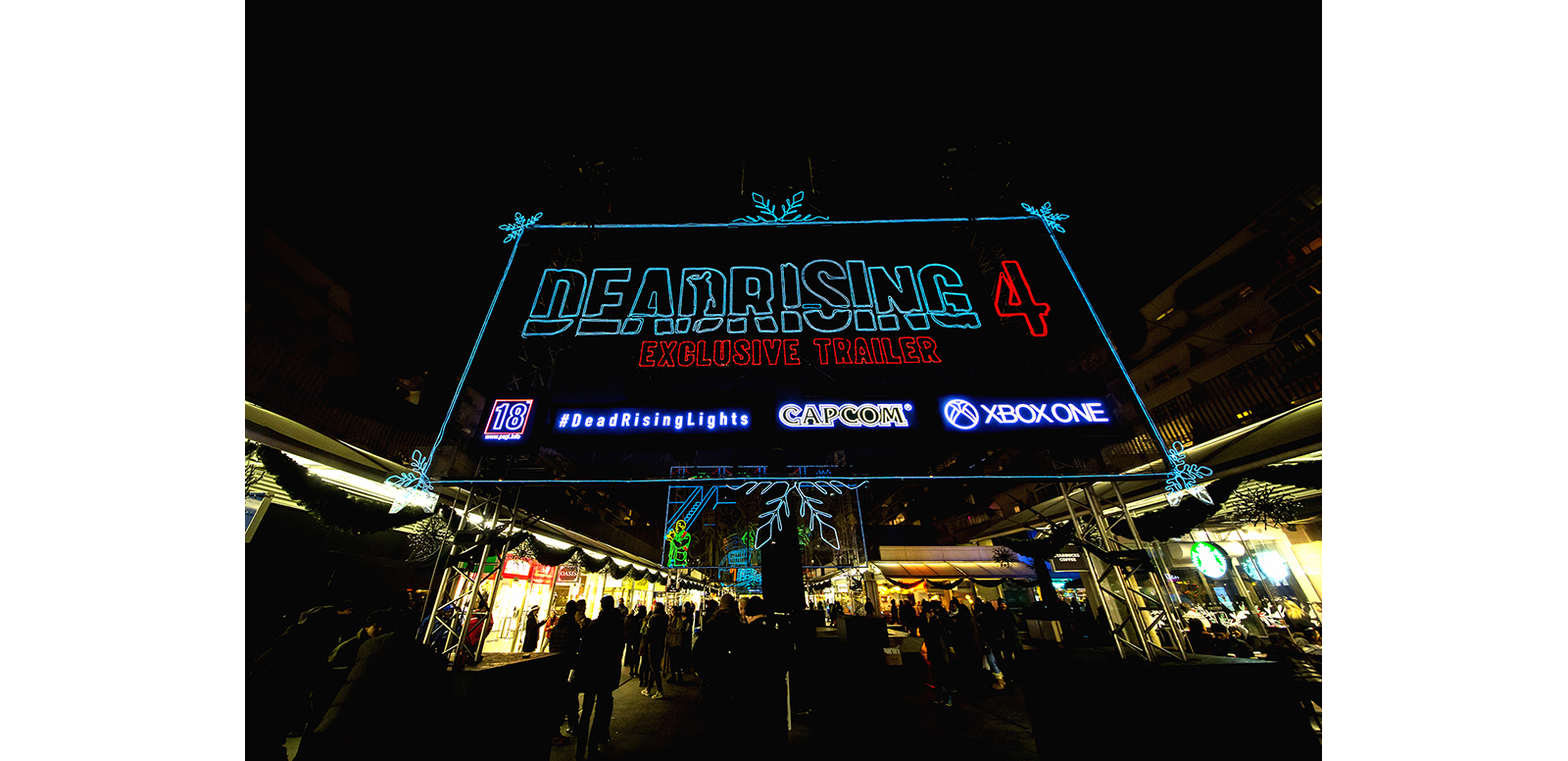 Xbox has installed a series of Christmas lights that form the first-ever game trailer consumers can actually walk through. The lights – installed in the shopping plaza in London’s Brunswick Centre – don’t feature traditional festive imagery. Instead, they tell a story about hordes of flesh-eating zombies, to promote the new Christmas-themed zombie game Dead Rising 4.