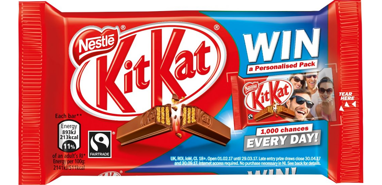 Nestlé Confectionery is offering consumers the chance to win KitKat packs with personalised messages and pictures. The promotion runs from February 1st until March 29th across KitKat 4 Finger and Chunky singles, multipacks and 2 Finger biscuit packs.