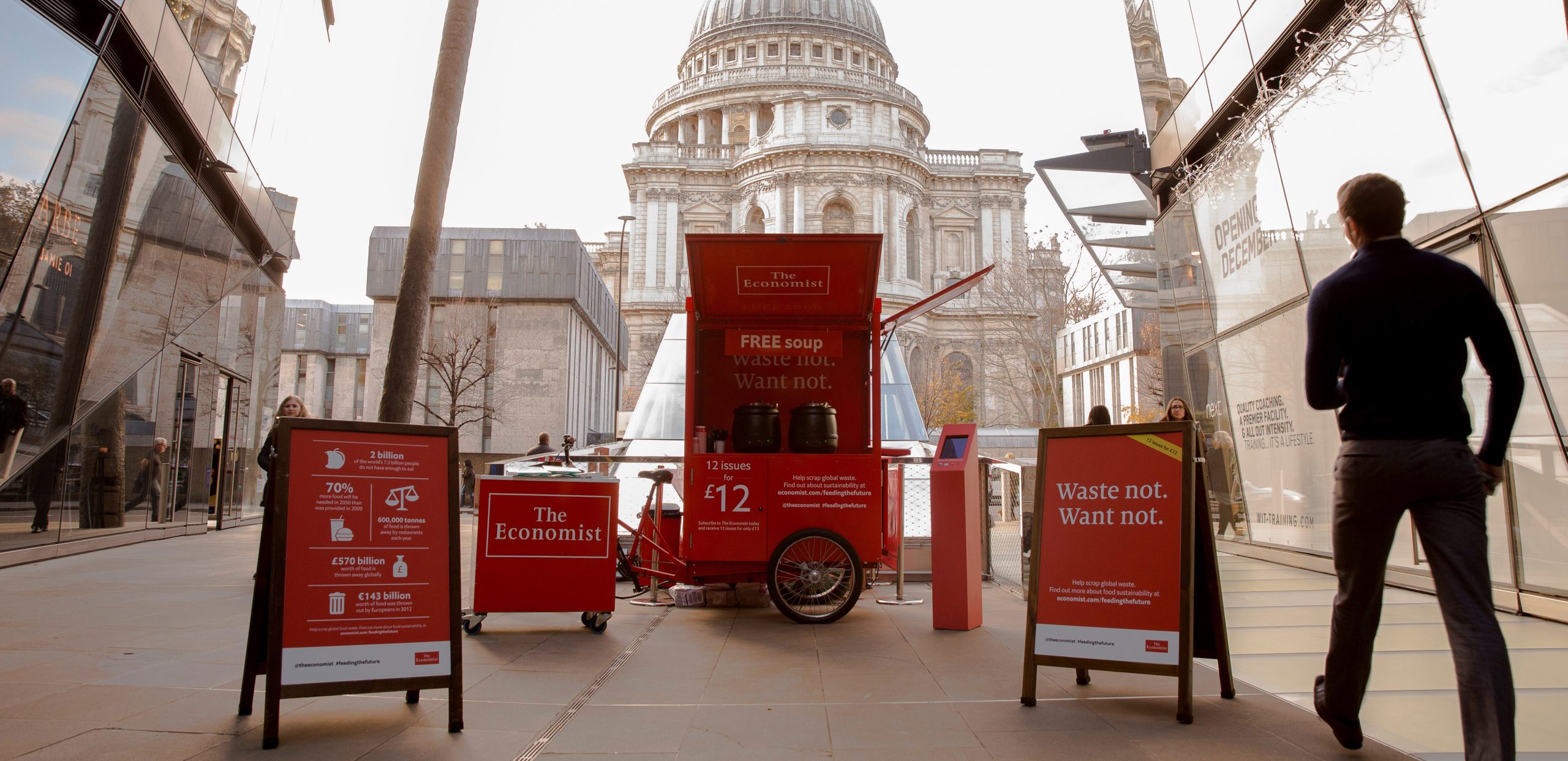In a new twist on its #feedingthefuture campaign, The Economist is encouraging Londoners to try free nutritious soup made from vegetables destined for the rubbish bin. Engaging with people through a branded mobile trike, the iconic newspaper is showing people that ugly, discoloured or misshapen produce, which is rejected by supermarkets can still be eaten and tastes great.