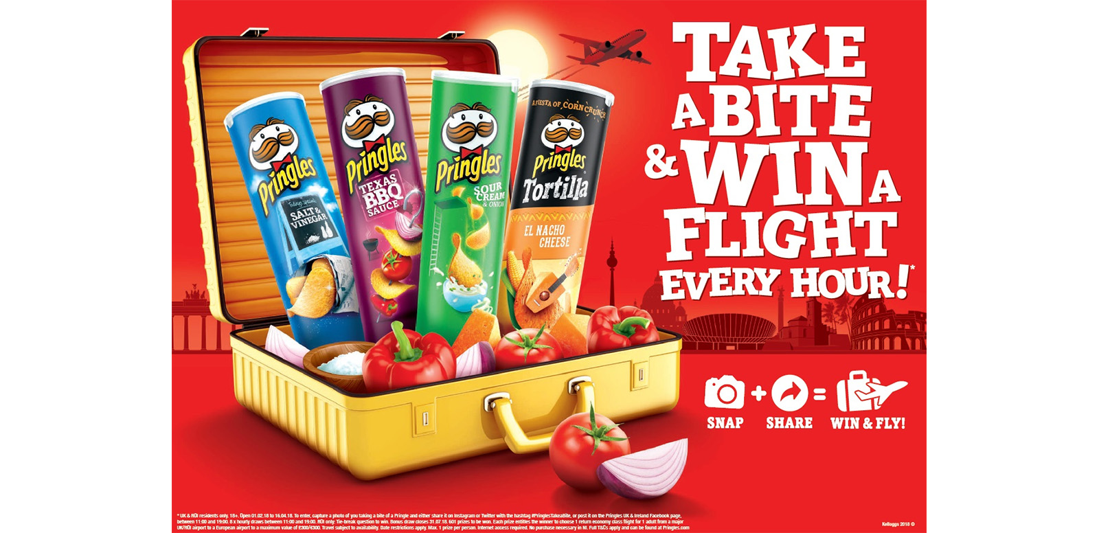 Kelloggs-owned savoury snack brand Pringles is running a promotion offering consumers the chance to win £300 in free flights to European destinations every hour, by posting pictures of themselves taking a bite of a Pringles chip to social media.