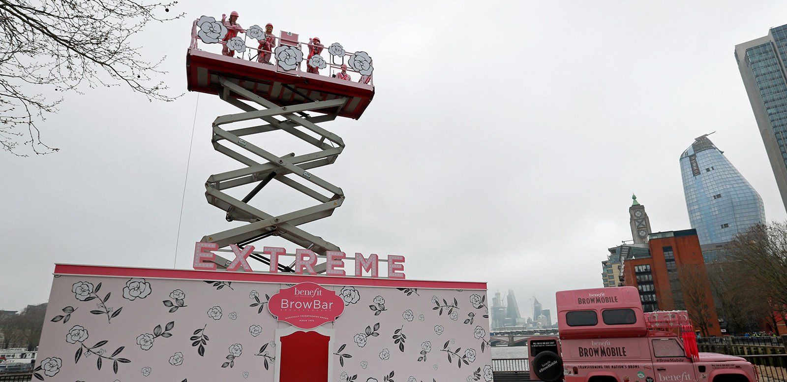 Benefit Cosmetics ran an activation at London’s Southbank Centre earlier this week featuring an Extreme Brow Bar – a cosmetics counter experience on a scissor lift truck which gave consumers the chance of a complementary brow wax, style and pamper brow 65 feet up in the air, with views over the River Thames and London skyline.