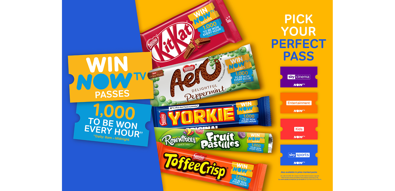 Nestlé UK and Ireland has partnered with online streaming service NOW TV to launch a brand new on-pack promotion which will feature on some of its favourite confectionery brands including KitKat, Aero, Yorkie, Toffee Crisp and Rowntree’s Fruit Pastilles.