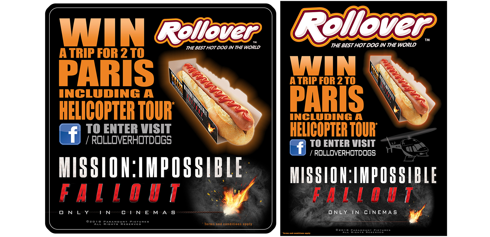 Rollover Hot Dogs is partnering with Mission: Impossible Fall Out, the sixth film in the Mission: Impossible series (in UK cinemas 25th July) with a competition to win a romantic trip for two to Paris, including a helicopter tour from Paris to Versailles.