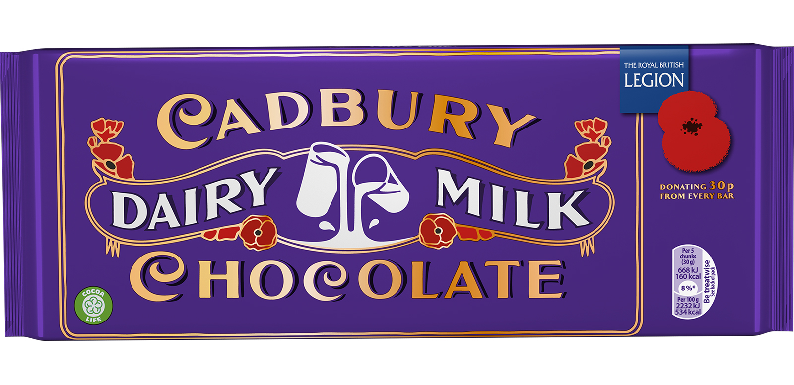 Cadbury has created a limited edition Cadbury Dairy Milk Remembrance Bar and is donating 30p per bar sold to the Royal British Legion in memory of WW1.